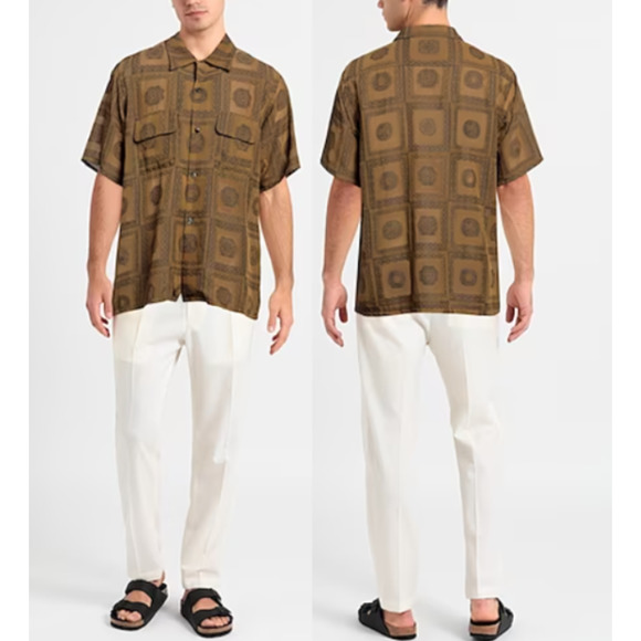 Needles Men's Patterned Button Down Short Sleeve Shirt Military Green Medium NWT